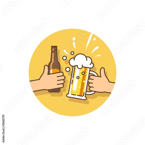 Beer festival. Birthday party. Celebration of the current event. Two hands holding the beer bottle and beer glass. Vector illustration in flat style.