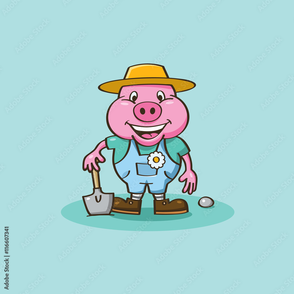 Illustration of happy pig gardener mascot.