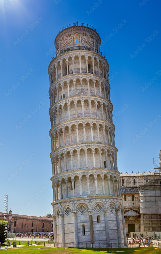 Leaning Tower of Pisa in Italy close-up. Horizontal frame.