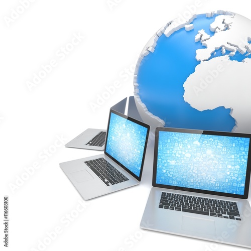 Laptop network around earth globe. 3d render