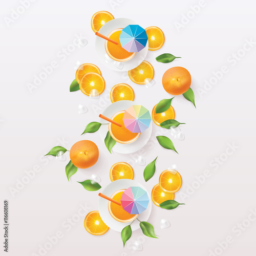 Light and fresh table setting from top view perspective made of healthy orange juice and fruit slices