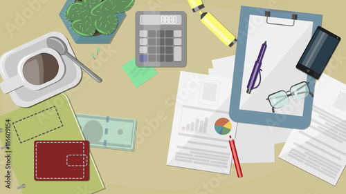 desktop with the expansion of office papers , resumes, folders , notebooks and stationery