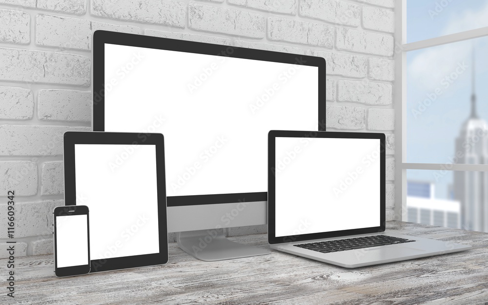Responsive mockup screen. Monitor, laptop, tablet, phone on table in office. 3d rendering. Responsive mockup screen. Monitor, laptop, tablet, phone on table in office. 3d rendering.