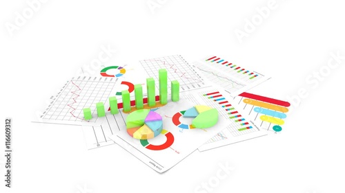 Business financial bar and pie graph with document 3d economy stock marker animation video clip background 