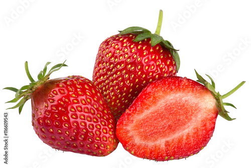 Three strawberries close-up isolated on white
