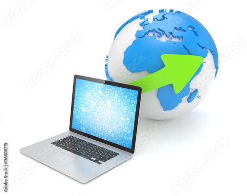 Laptop network and earth globe. 3d render