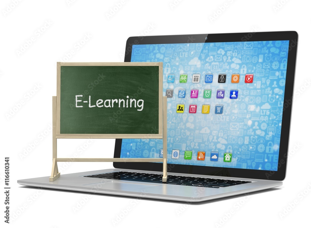  Laptop with chalkboard, e-learning, online education concept. 3d rendering.