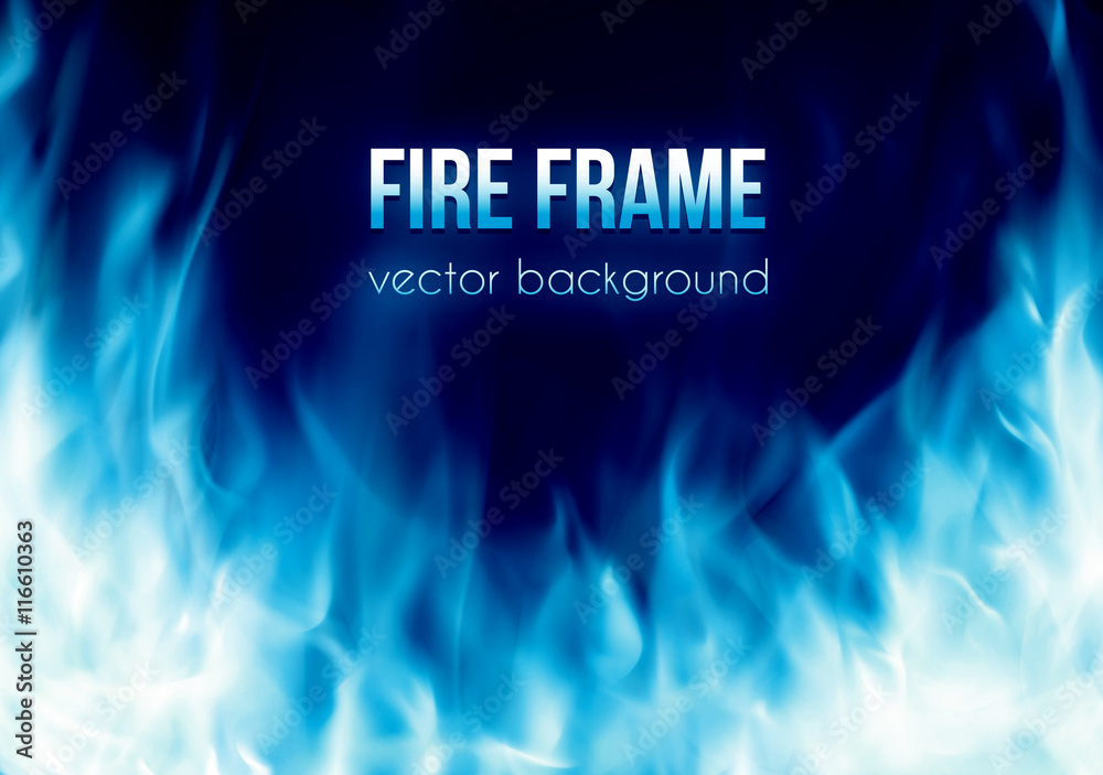 Abstract vector background with blue color burning fire flames frame and blank space for text. Fiery banner design template