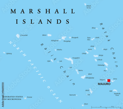 Marshall Islands political map with capital Majuro. Republic and island country near the equator in the Pacific Ocean in Micronesia. English labeling. Illustration.