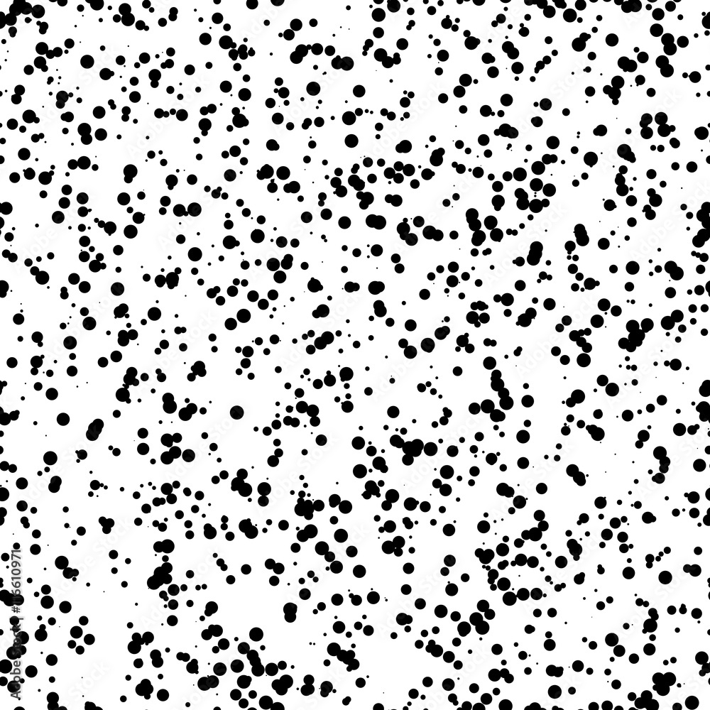 White abstract background with seamless random black circles, dots, film grain, noise, dotwork, grunge texture for design concepts, wallpapers, posters, web, presentations, prints. Vector illustration