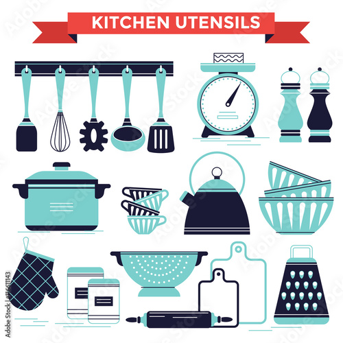 Kitchen utensils set, vector illustration flat design style