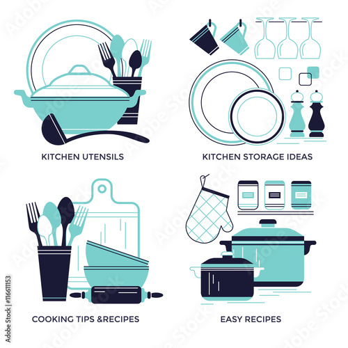 
Cooking, dishware and kitchen utensils emblems, flat design style