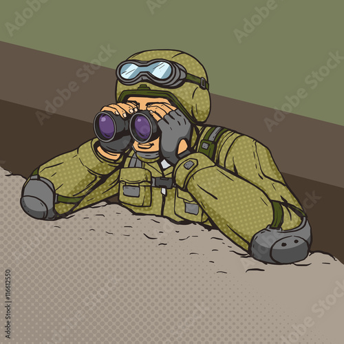 Soldier looks through binoculars from the trenches