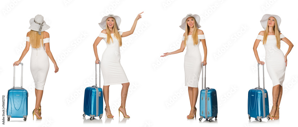 Travelling woman with suitcase isolated on white Travelling woman with suitcase isolated on white