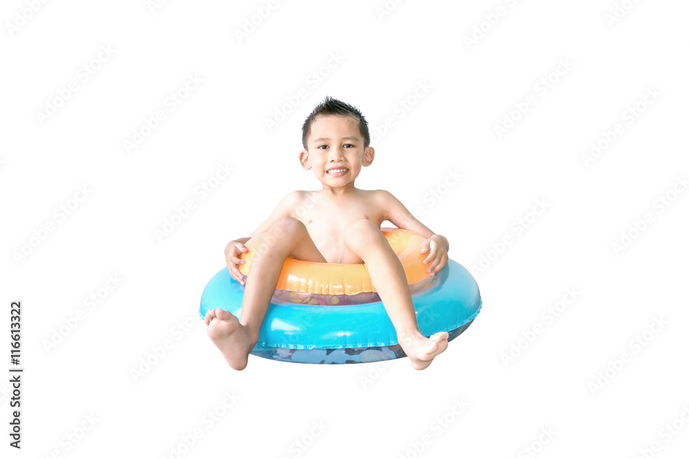 Cute Asian boy sitting on the colorful swim rings isolated on white background. Cute Asian boy sitting on the colorful swim rings isolated on white background.