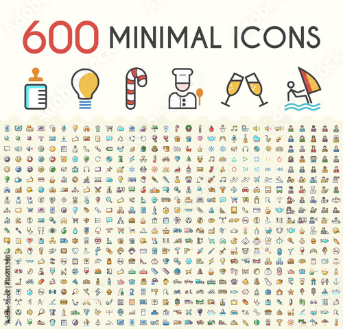 Set of 600 Solid Line Colored Multimedia, SEO, Business, Ecology, Education, Shopping, Transport, Home Appliances, Medical, Fitness and Sport, Beach, Baby, Veterinary, Christmas and Casino Icons. 