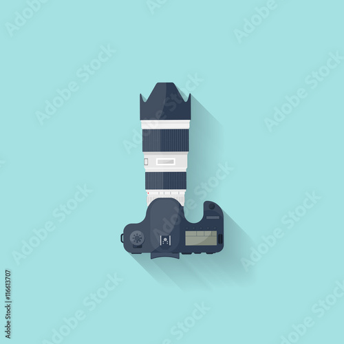 Photography. Photo camera in a flat style with lens. Photoshooting.Photographing equipment.Vector illustration.