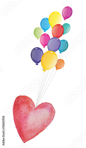 Aufsteigender Herzluftballon mit bunten Luftballons - rotes Herz am Valentinstag