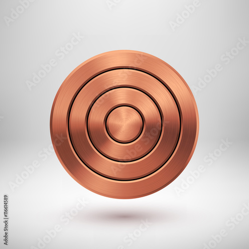Bronze abstract circle geometric badge, technology perforated button template with metal texture, chrome, silver, steel, copper and realistic shadow for logo, design, web, apps. Vector illustration.
