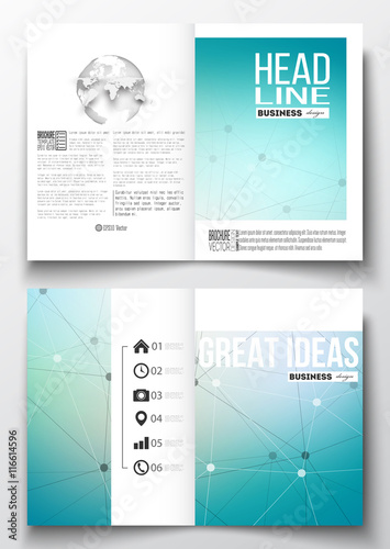 Set of business templates for brochure, magazine, flyer, booklet or annual report. Molecular construction with connected lines and dots, scientific design pattern on gray background