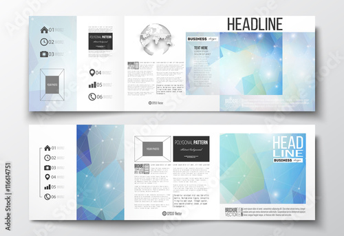 Set of tri-fold brochures, square design templates. Abstract colorful polygonal background, modern stylish triangle vector texture.