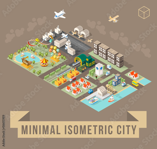 Set of Isolated Isometric Minimal City Elements. Town with Shadows on Dark Background.