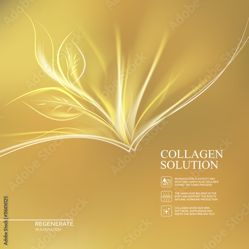Scince illustration of golden background with regeneration cream. Organic cosmetic and skin care cream. Gold background for label of collagen solution. Vector illustration.