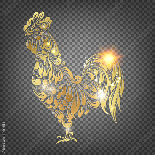 Golden Cock - Chinese calendar symbol of 2017 year. Christmas card with icon of the rooster bird over black trasparent background. Happy new year card. Transparent vector illustration.