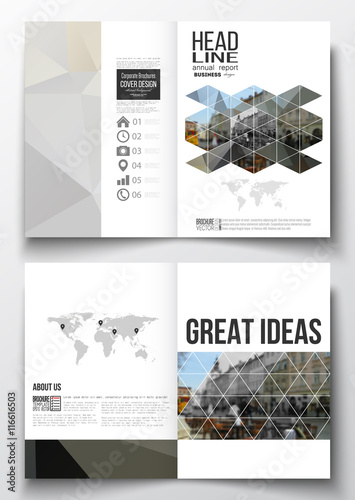 Set of business templates for brochure, magazine, flyer, booklet or annual report. Polygonal background, blurred image, urban landscape, cityscape, modern triangular texture