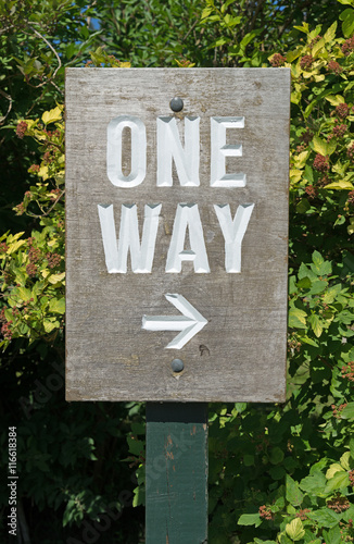 Painted one way sign with arrow on a post. photo