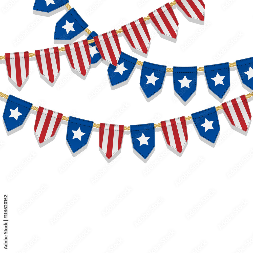 Vector colorful bunting decoration in colors of USA flag. Garland, pennants  on a rope for american party, carnival, festival, celebration, special  events. Patriotic background with stars and stripes. Stock Vector