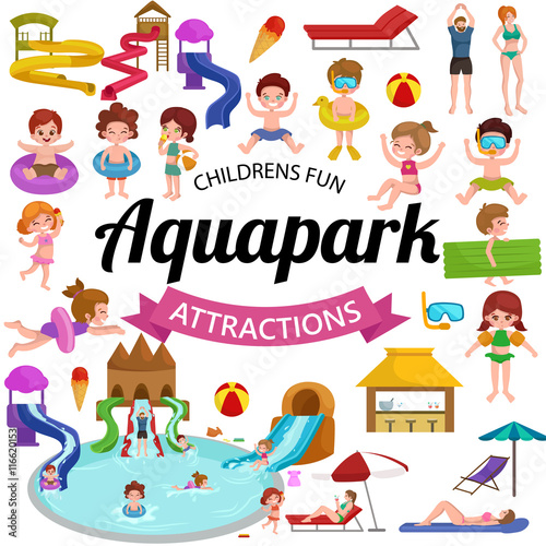 Water aquapark playground with slides and splash pads for family fun vector illustration.