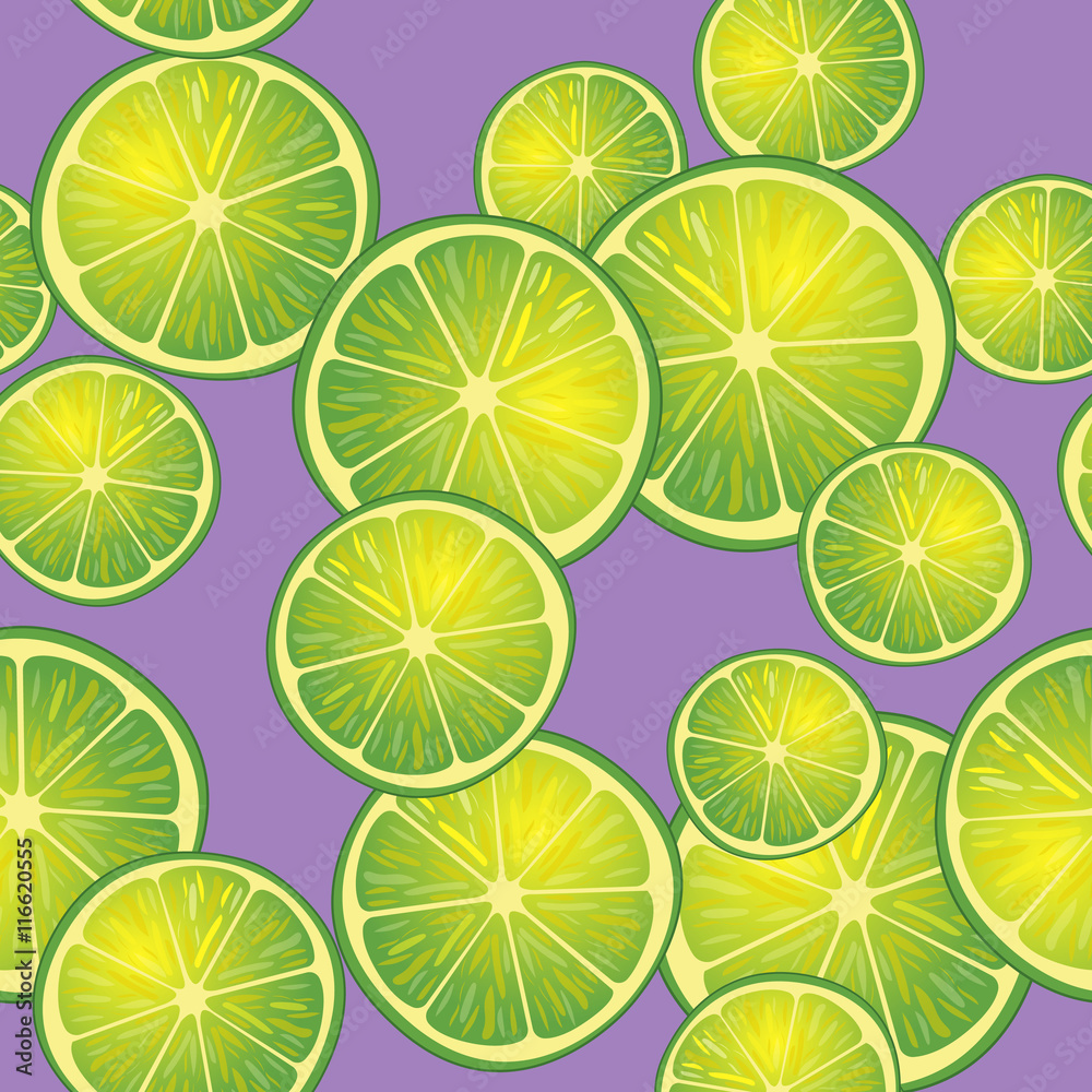 Vector illustration of lime slices on purple background in different angles. Pattern.