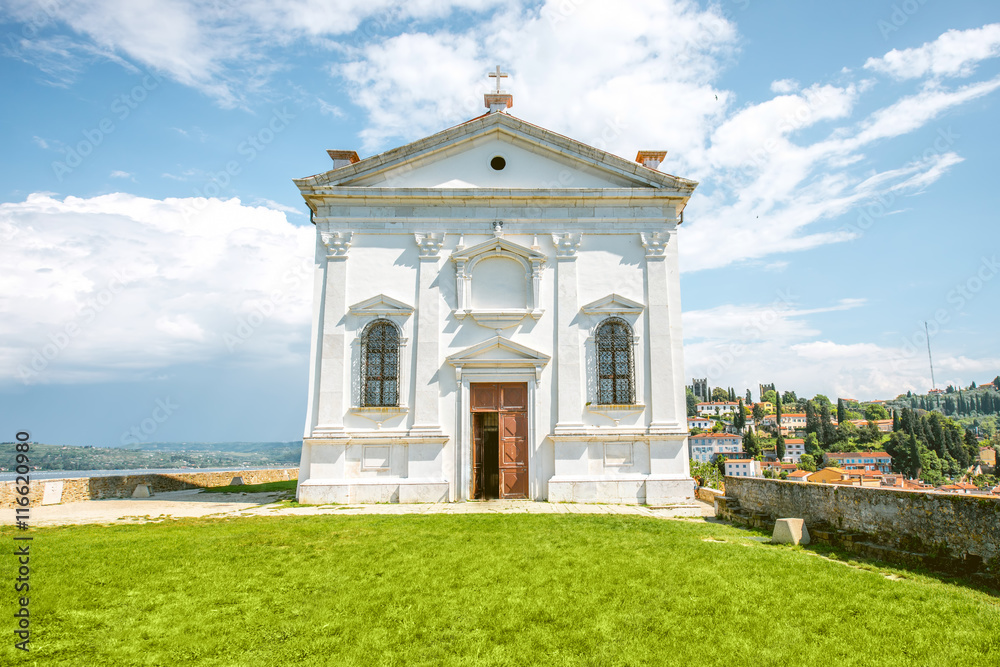 Entrance facade of St. George's church in Piran city in Slovenia
