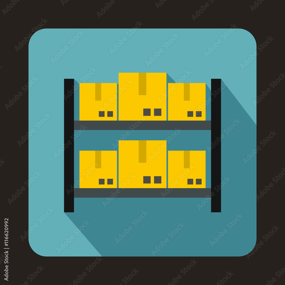 Shelves with cardboard boxes icon in flat style on a baby blue background Shelves with cardboard boxes icon in flat style on a baby blue background