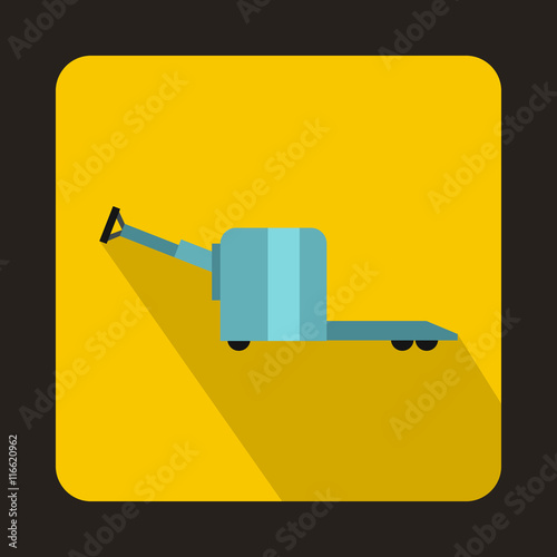 Manual forklift pallet stacker truck icon in flat style on a yellow background