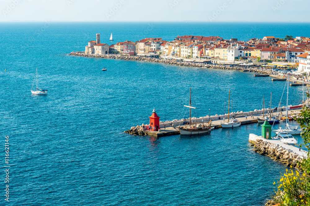 Aerial view on the gulf of Piran town on the Adriatic sea