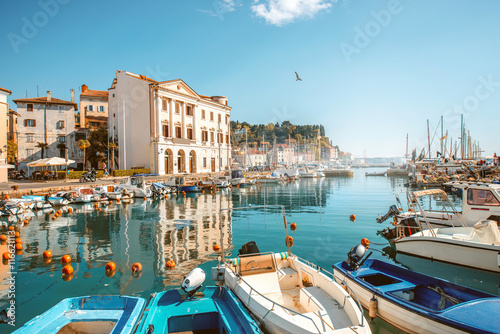 View on marina with boats and buoys in Piran town in southwestern Slovenia