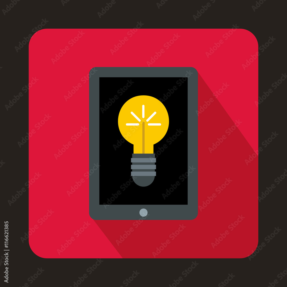 Light bulb on tablet pc computer screen icon in flat style on a pink background Light bulb on tablet pc computer screen icon in flat style on a pink background