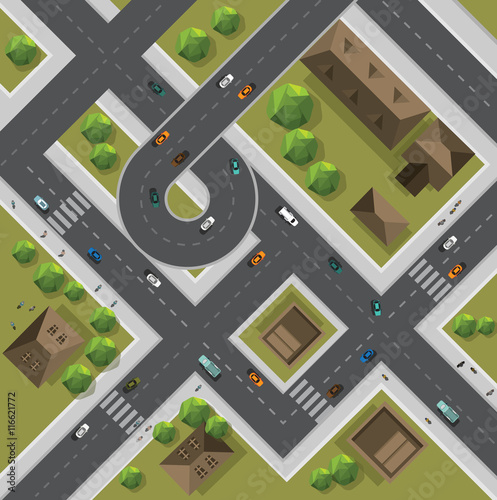 Top view of the city of streets, roads, houses, treetop, vector