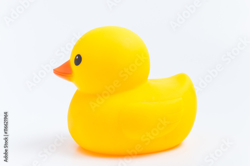 Fotografie side view yellow rubber duck isolate on white background