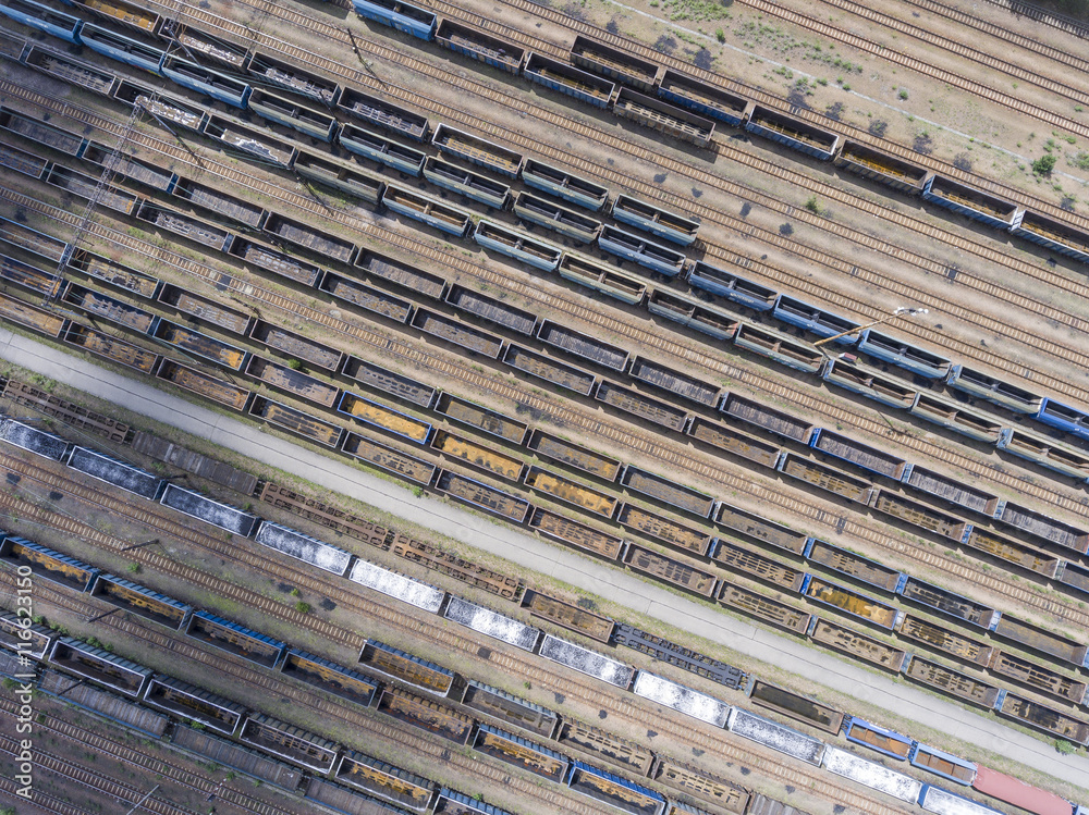 Depot with many railways at day in city at sunny day. View from Depot with many railways at day in city at sunny day. View from