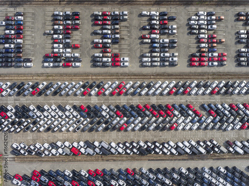 Fotografie Aerial view lot of vehicles on parking for new car.