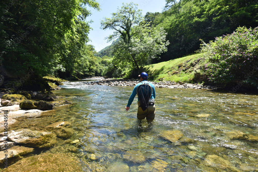 Fototapeta premium Flyfisherman fishing in mountain river