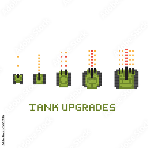 Pixel art style army tank game upgrades vector set