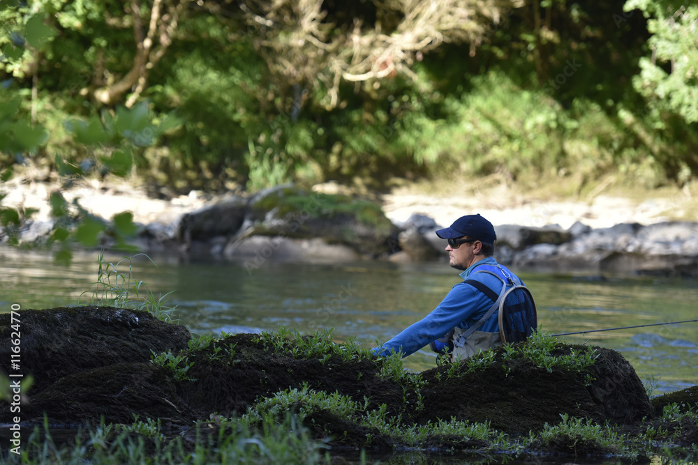 Flyfisherman fishing in mountain river Flyfisherman fishing in mountain river