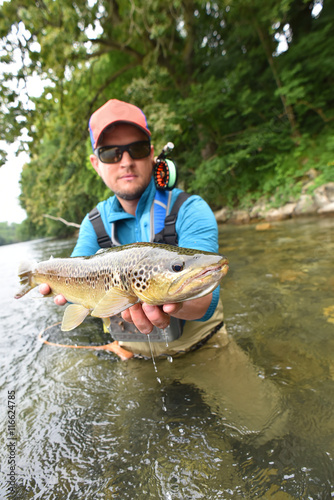 Fototapeta Naklejka Na Ścianę i Meble -  Fly fisherman holding brown trout out of water