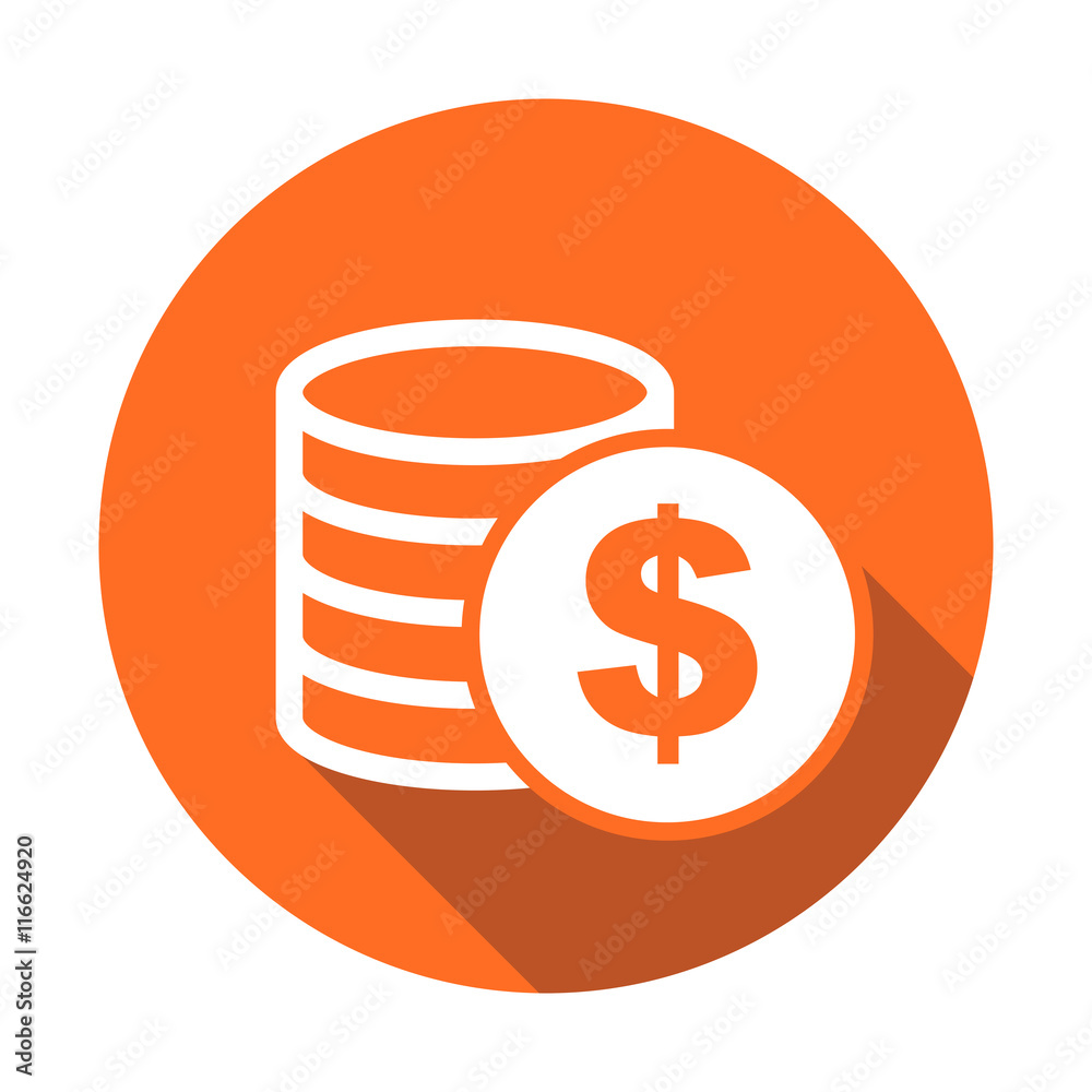 Money icon with shadow on orange round background. Coins vector