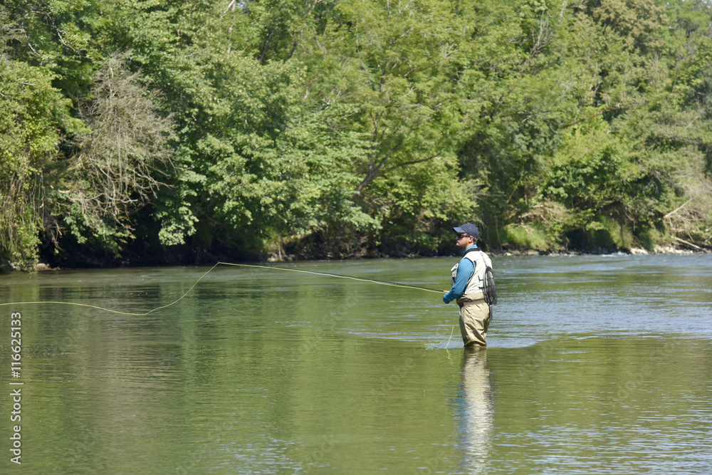 Flyfisherman fishing in mountain river Flyfisherman fishing in mountain river