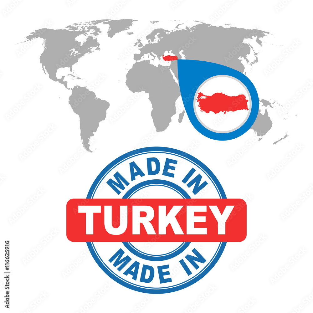 Obraz premium Made in Turkey stamp. World map with red country. Vector emblem in flat style on white background.